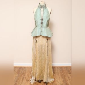 Green Halter Boho Top & Gold Sheer Renaissance Skirt